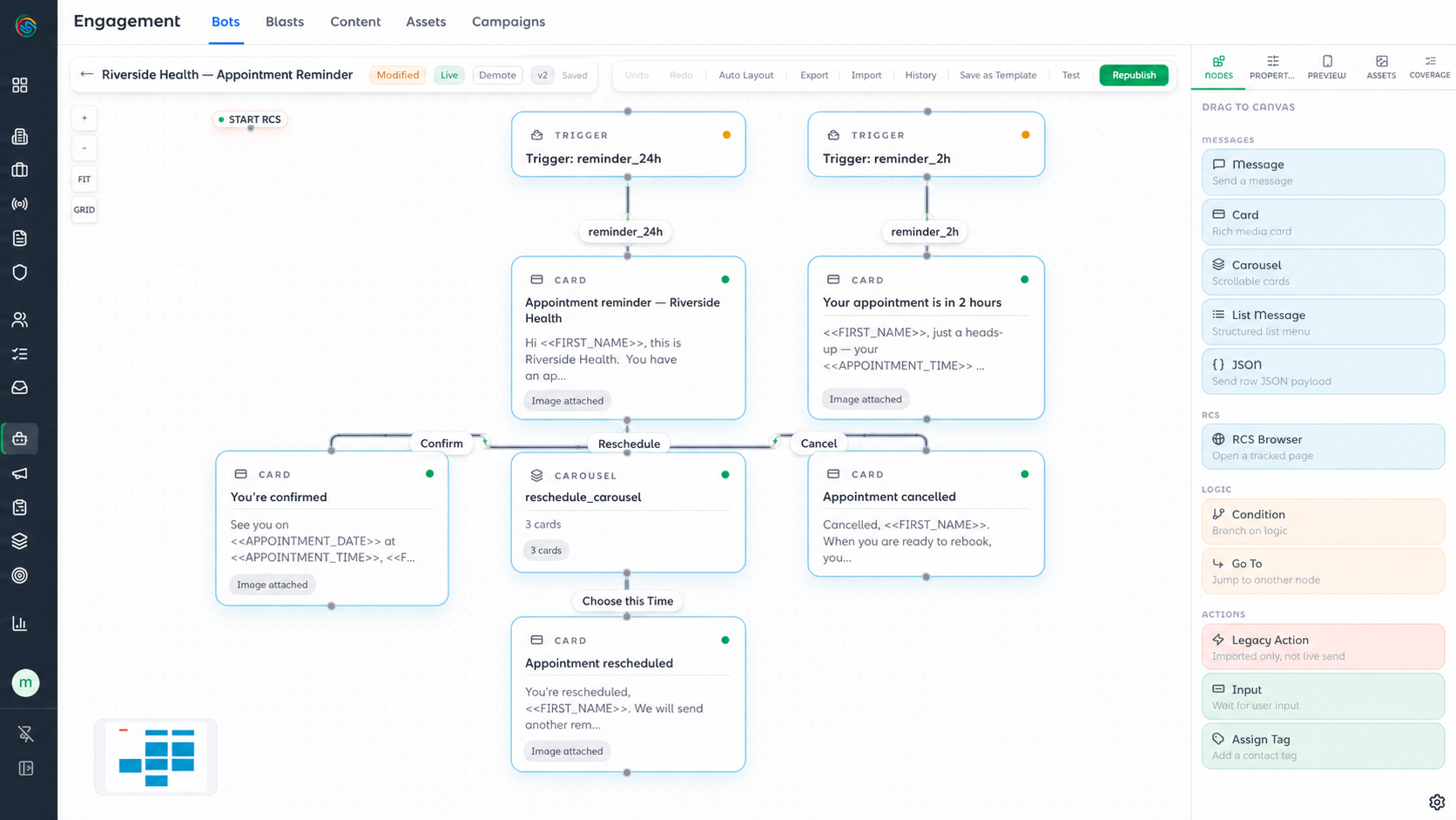 Bot builder: Assemble flows on a visual canvas: triggers, cards, carousels, and branching.