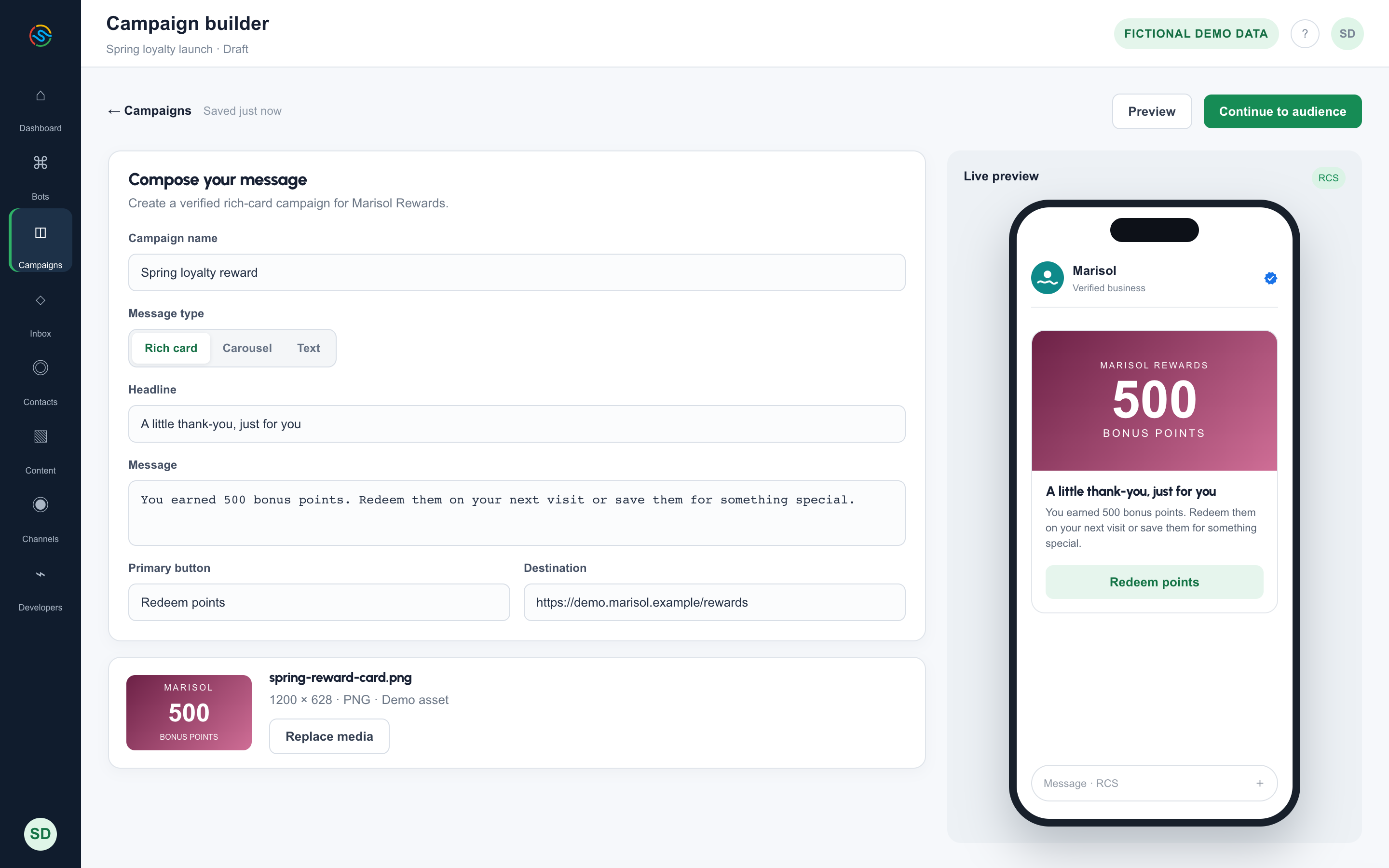 Campaign builder: Compose a verified rich card with a live device preview as you type.