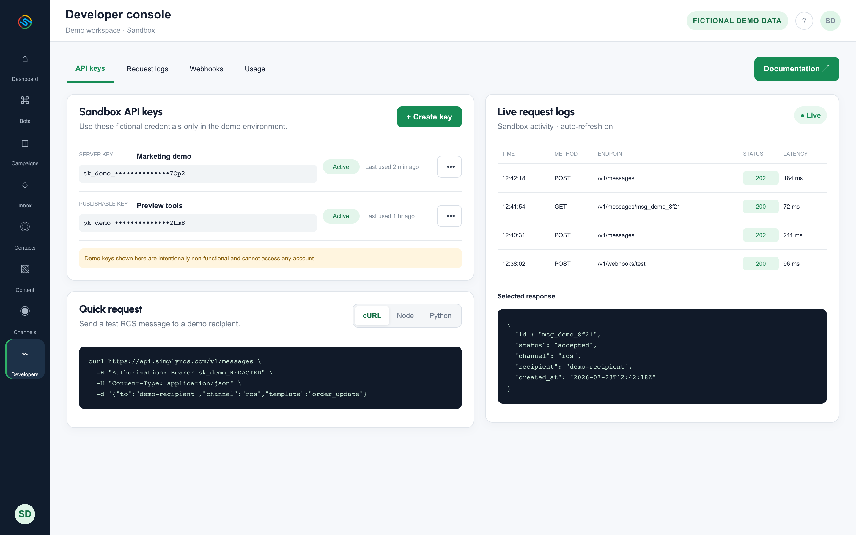 Developer console: Sandbox keys and live request logs for building against the API.