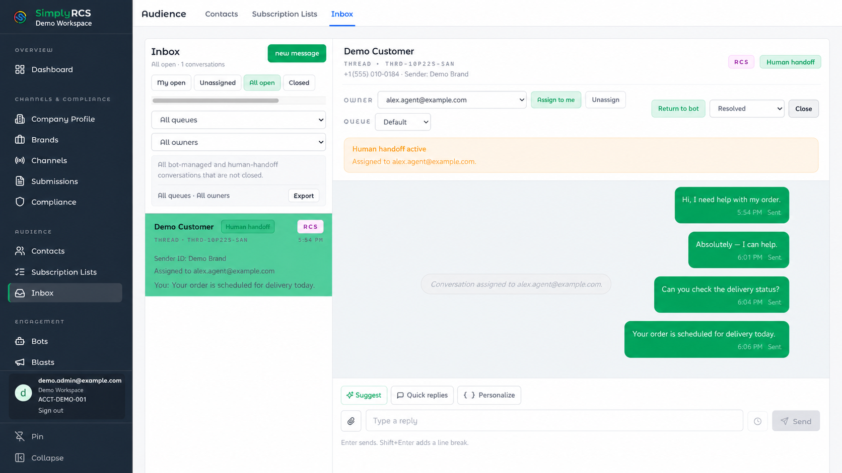 Unified inbox: Two-way conversations with a clean handoff from the bot to a human agent.