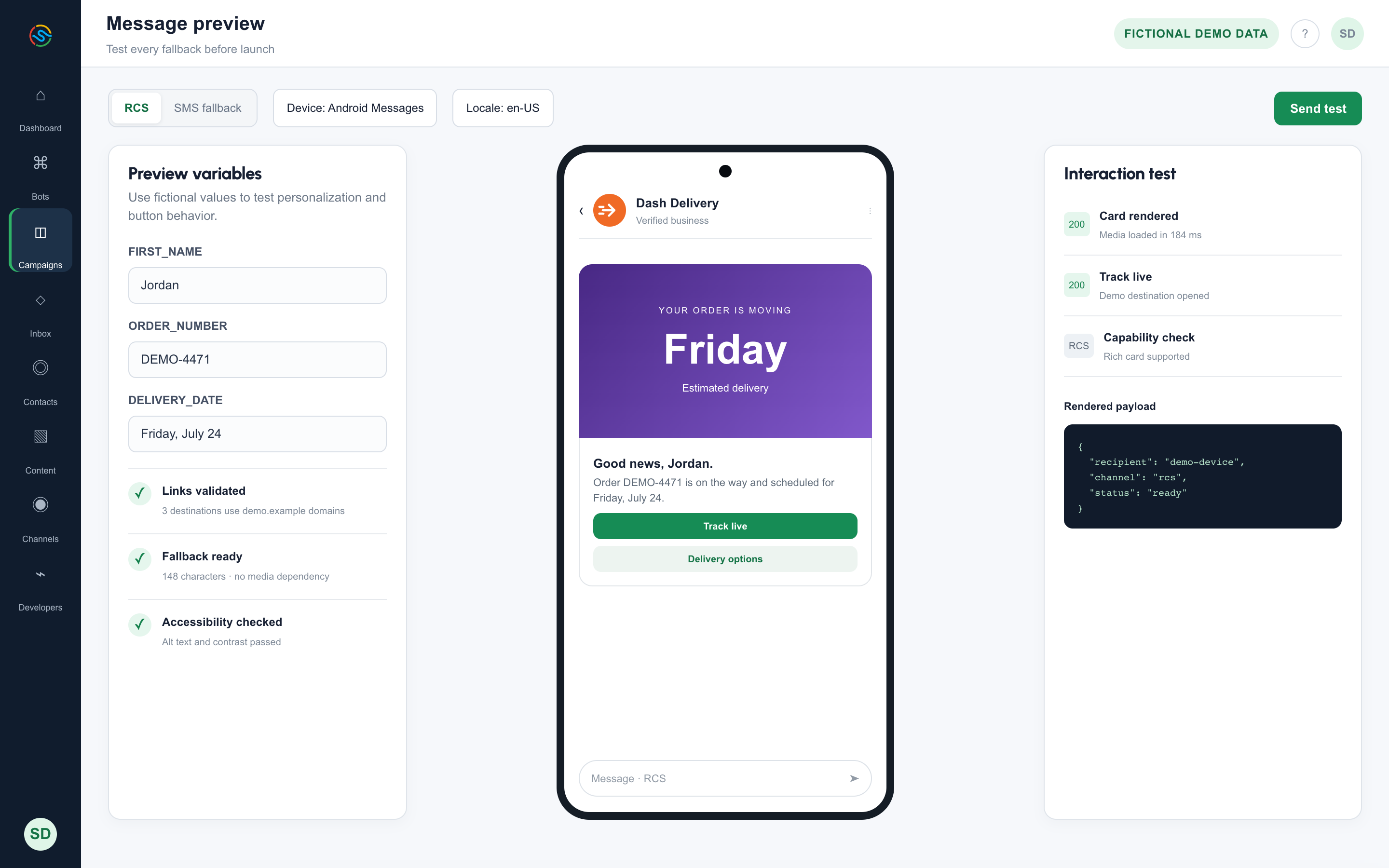 Message preview: Test personalization and every fallback before a single send.
